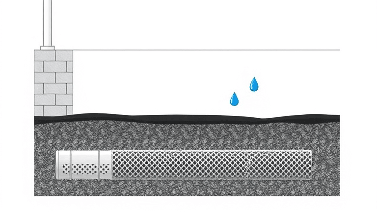 Coupe transversale dun drain francais avec gravier geotextile et tuyau perfore autour des fondations