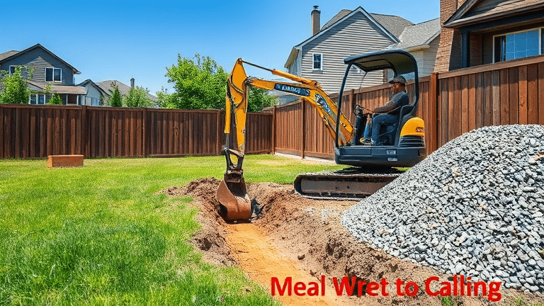 Excavatrice professionnelle creusant une tranchee de drainage sur un terrain residentiel a Montreal
