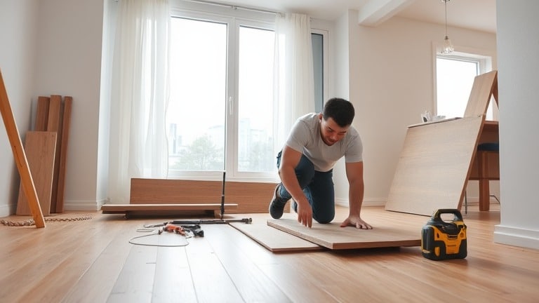 Professional flooring installer working in modern Montreal home