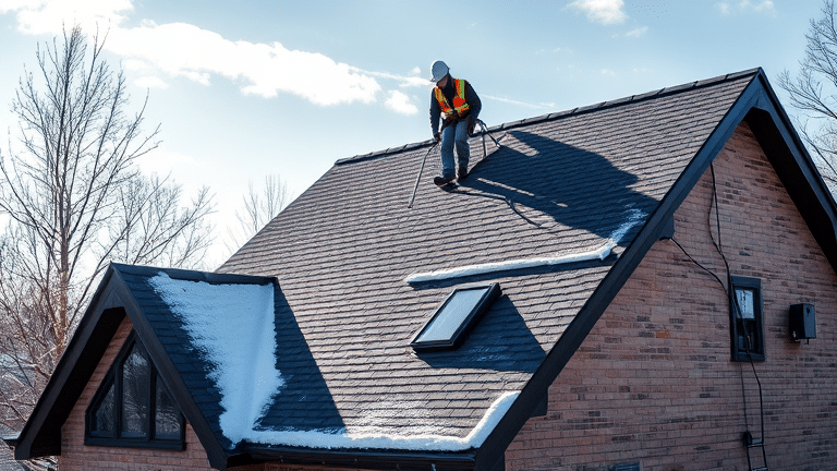 Roof replacement by Nael Construction in Montreal - worker replacing shingles on snow-covered roof
